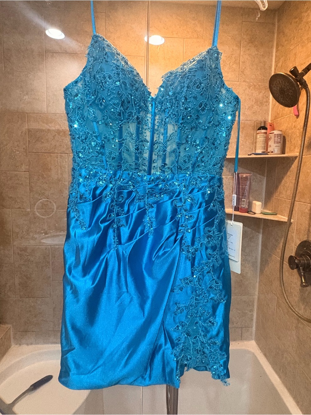 Embellished Electric Blue Beaded Mini Dress with Spaghetti Straps